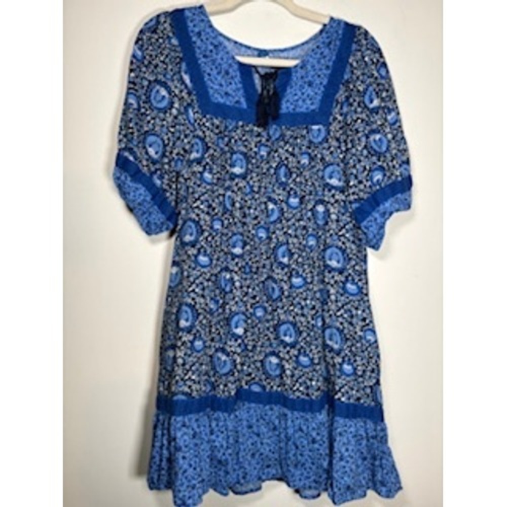 OLD NAVY Dress Large Blue Floral Boho Tassel Peasant Cottagecore Summer Mini